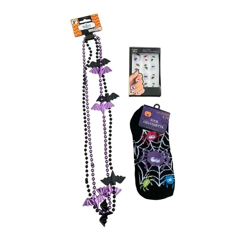 Lot Of 3 Halloween Necklaces Press On Nails Socks Jewelry Nwt